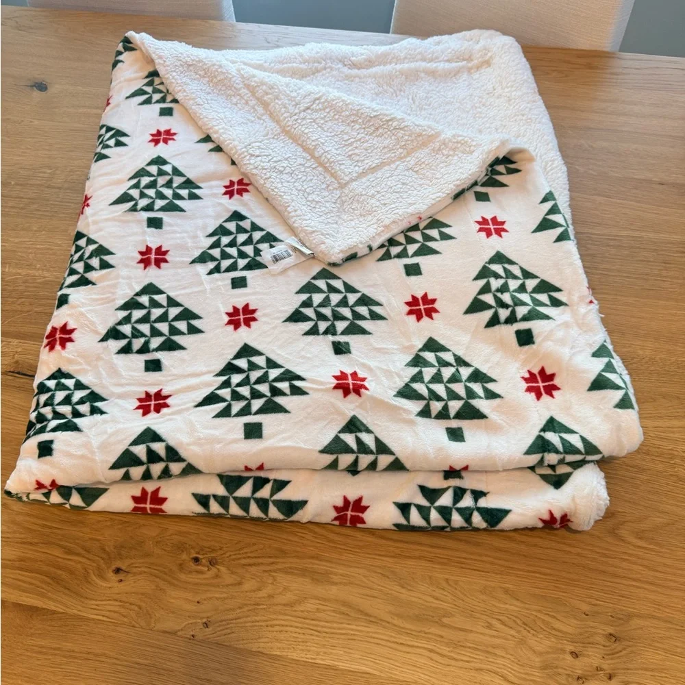 Cozy Holiday Blanket Green and Red Tree Pattern 50” x 60” threshold - holiday